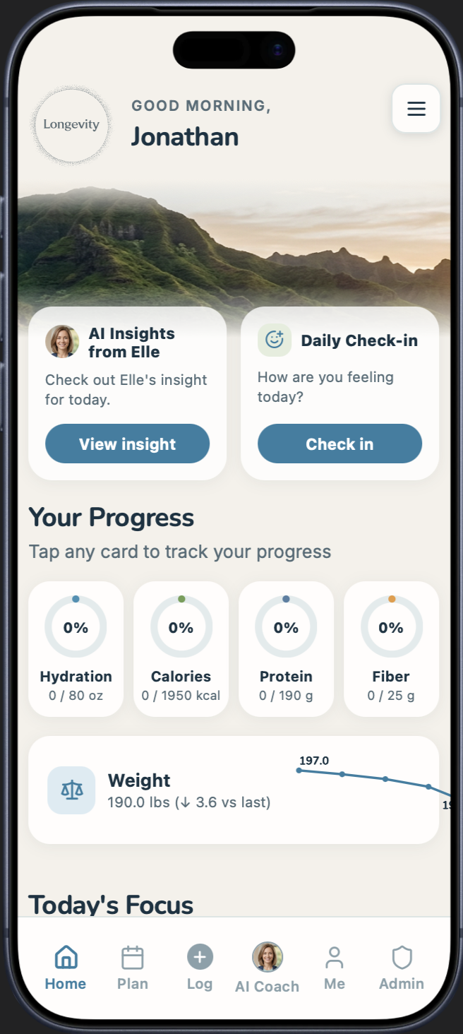 Longevity app home screen showing daily health and fitness progress